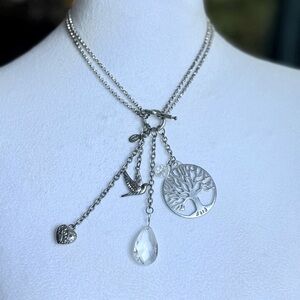 🌳 Cookie Lee Silver Charm Necklace w/Heart Dove Crystal Accents & Tree of Life